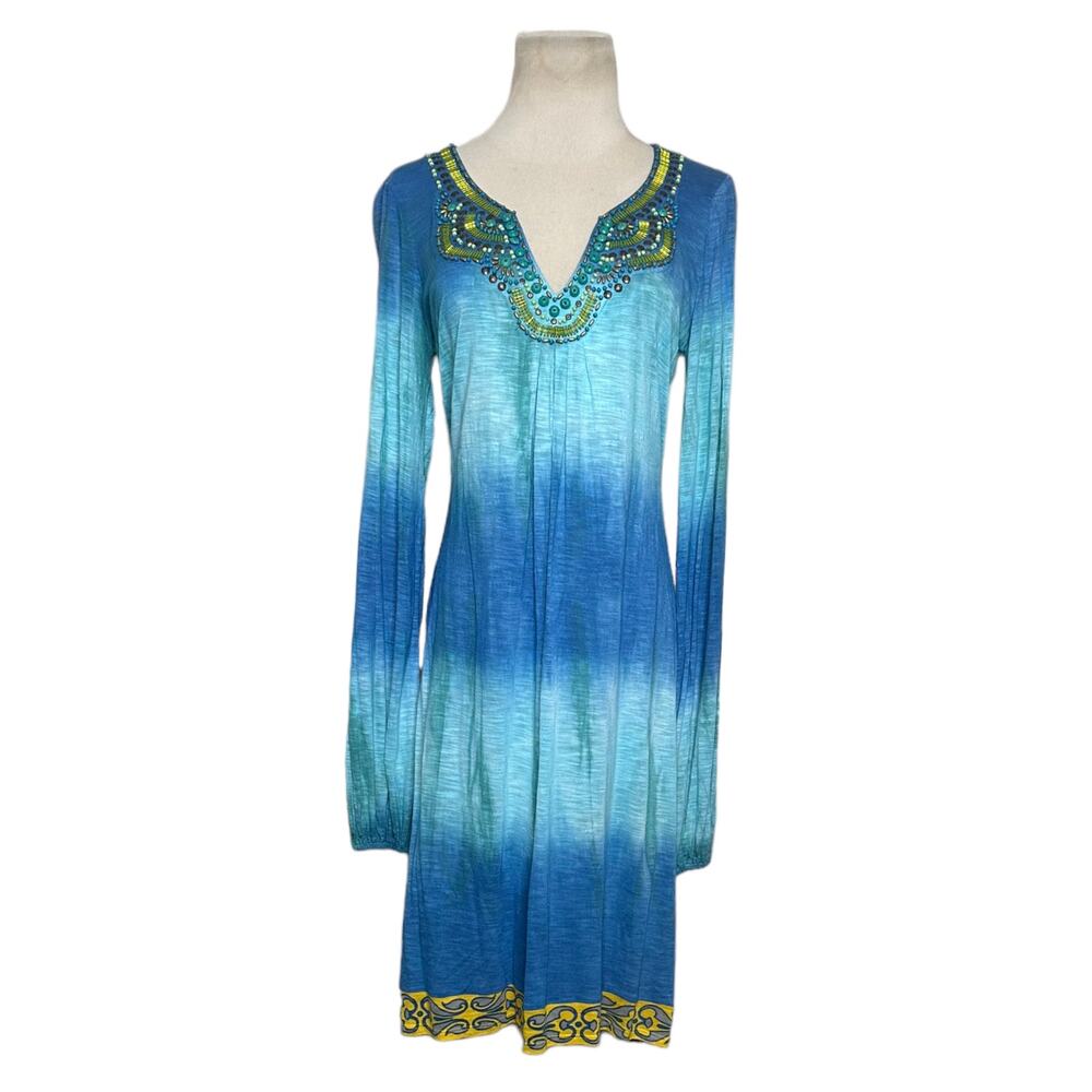 Hale Bob  Blue Yellow Tie Dye Long Sleeve Beaded Jersey Dress Size Small